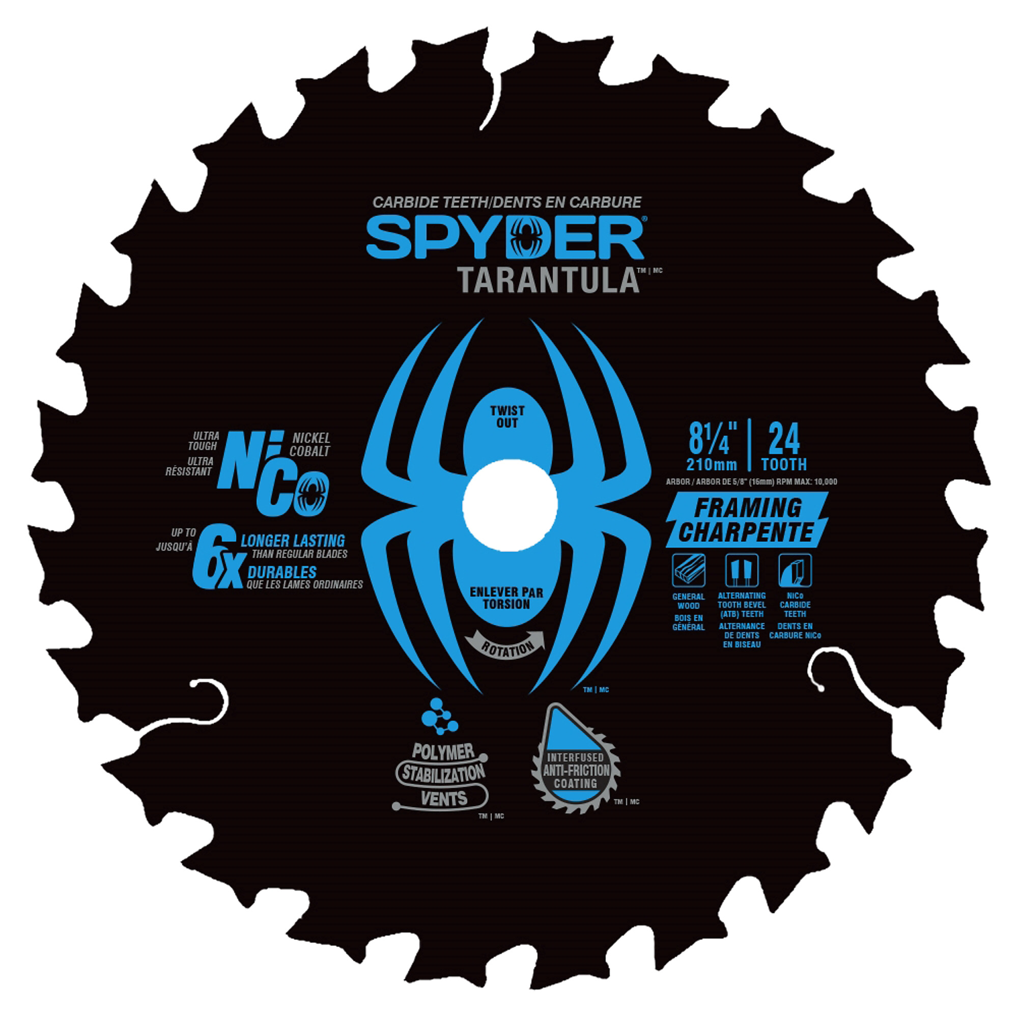SPYDER, 8-1/4in. 24T Circ Saw Blade, Blade Diameter 8 1/4 in, Included (qty.) 1 Model# 13069CA